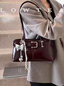 low tea 1个低茶色纯色PU皮革单肩包，女士复古时尚方形手提包，顶部双提手，拉链封口，适合旅行、购物、约会、女士礼物，也适合通勤、户外活动、旅行、徒步。 - 酒紅色 - 查看 7
