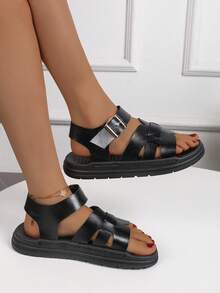 Teenagers' Fashion Flat Stitched Soft Bottom Comfortable Sandals - Black - View 5