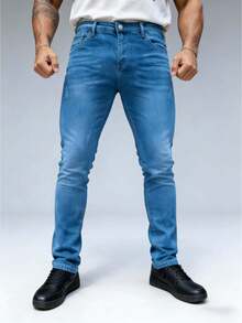 Nuevo 2025, Ropa masculina de alta calidad, azul, azul claro, azul oscuro, cintura media recta, pantalones vaqueros ajustados elásticos, ocio diario, reuniones de negocios, viajes de negocios, se puede usar en todas las estaciones, armarios necesarios, temperamento atmosférico - Lavado ligero - Ver 4