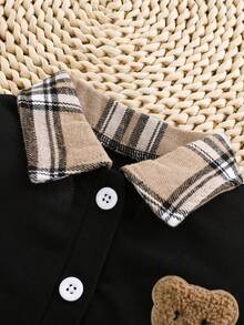 Infant/Toddler Boys' Polo Collar Short Sleeve Romper With Snap Crotch, Basic Style, Cute Design, Knitted Polyester Fabric, Stretchy Slim Fit, Machine Washable, Casual Everyday Wear, Summer - Black - View 3