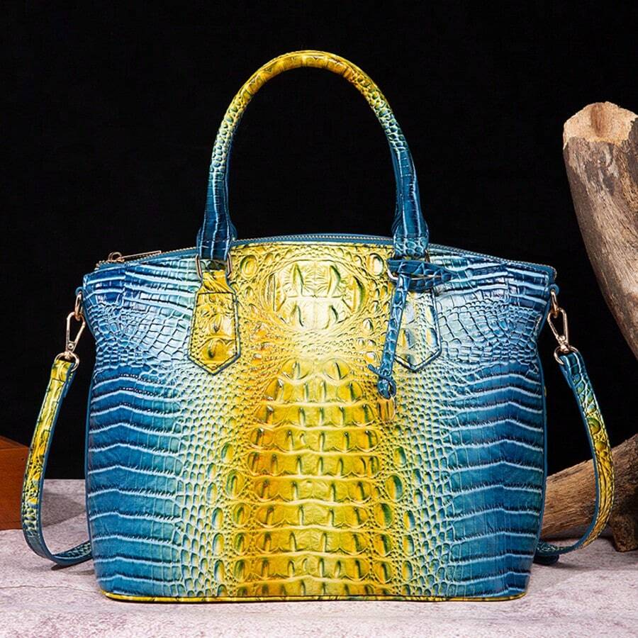 Luxurious Crocodile Pattern Cross-Body Top-Handle Bag - High-End Fashion Handbag For Women's Work And Daily Use - Premium Quality, Stylish Design, Multiple Pockets, Adjustable Strap - 藍+黃 - 查看 1