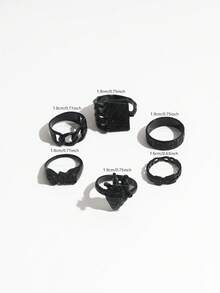 6pcs/Set Punk Style Drip Oil Heart Letter Poker Card Rings Set For Women - Black - View 4