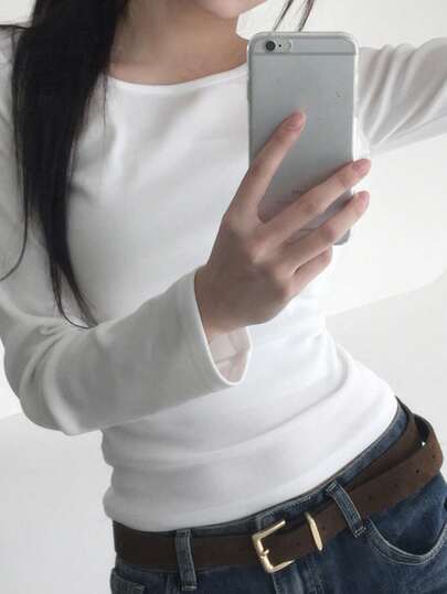 百搭修身U领长袖T恤，通勤百搭，韩版风格