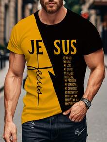 Men'S 3D Jesus Symbols Graphic T-Shirt - Bold "Jesus Is My Everything" Print, Casual Crew Neck, Short Sleeve, Medium Stretch, Regular Fit For Daily Wear, Everyday Tshirt | Bold Print Tee | Stretch Fabric - 混合色 - 查看 6