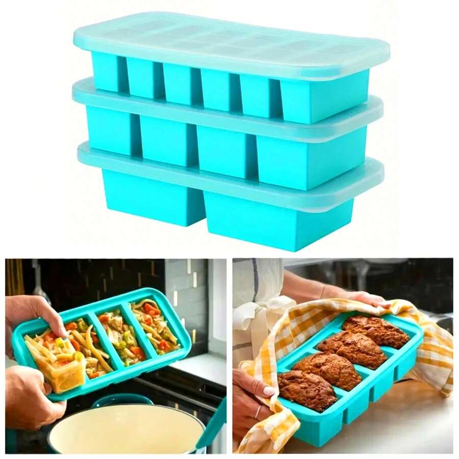 1PC 2/4/6Grid Silicone Freezer Mold With Lid Refrigerated Food Storage Box Food Box Ice Tray Mold Ice Box Fresh-Keeping Box - cyan-4Grid - 查看 1