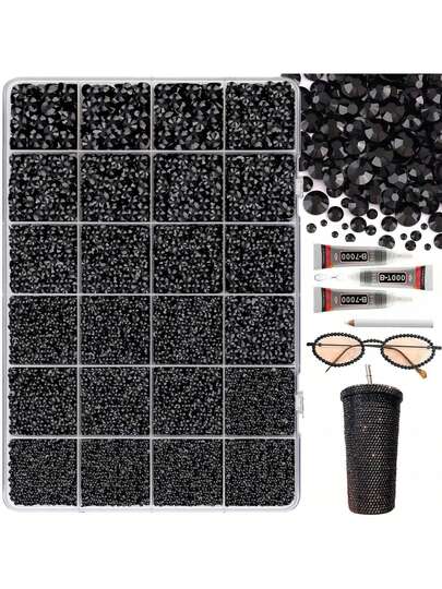 18000Pcs Black Rhinestones For Bedazzling Crafting, Flatback Resin Gems Crystal, Bedazzler Kit With 3Pcs 9ml B7000 Jewelry Glue And Tweezers For DIY Crafts Clothing Shoes Fabric