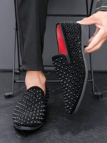 Men's Leather Spikes Loafers Studded Dress Shoes Slip-On Fashion Flats Long Rivet Wedding Party Prom Shoes - 黑色 - 查看 2