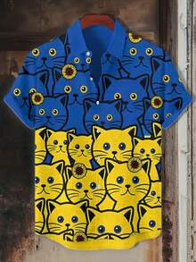 Men'S Funny Cat Print Beach Shirt - 3D Full Print Hawaiian Short Sleeve Aloha Blouse, Loose Fit Casual Button-Up For Summer Beach & Pool, Perfect Gift For Birthdays, Father'S Day, Or Summer Outings, Beach Clothes - Nhiều màu - Xem 2