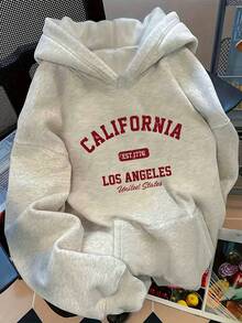 [FNI Fusion]Plus Size Women Clothes | Retro California Los Angeles Letter Print Hoodies For Women, Oversized Casual Going Out Tops Women, Perfect For Vacation Outfits Women & Valentine's Day Date Looks, Cozy Fleece Lined Drop Shoulder Hoodie For Daily & Holiday WearWomen Long Sleeve Sweatshirts Plus Size Spring Break Summer Tops For Women Relaxed Daily Outfit. - 白花灰 - 查看 7