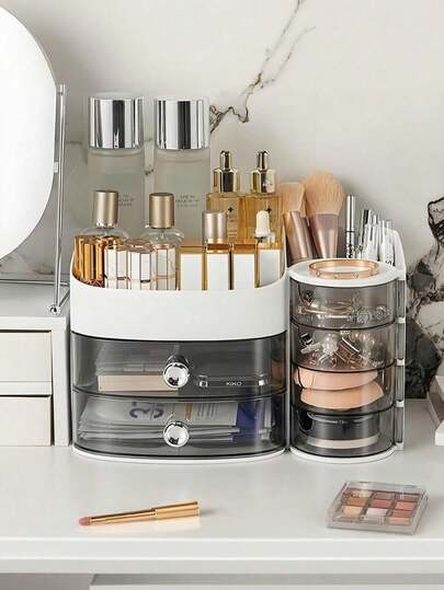 Caixa de armazenamento de cosméticos domésticos, penteadeira, três cores opcionais, sonho, rosa fantasia, branco simples, amarelo creme, produtos para cuidados com a pele, porta-batom, pincel de maquiagem, caixa de armazenamento de grande capacidade para mesa, adequada para uma variedade de cenários, banheiro, quarto/escritório, multifuncional, design de grande capacidade, divisória multifuncional, capa transparente à prova de poeira, simples e bonita - presente de feriado