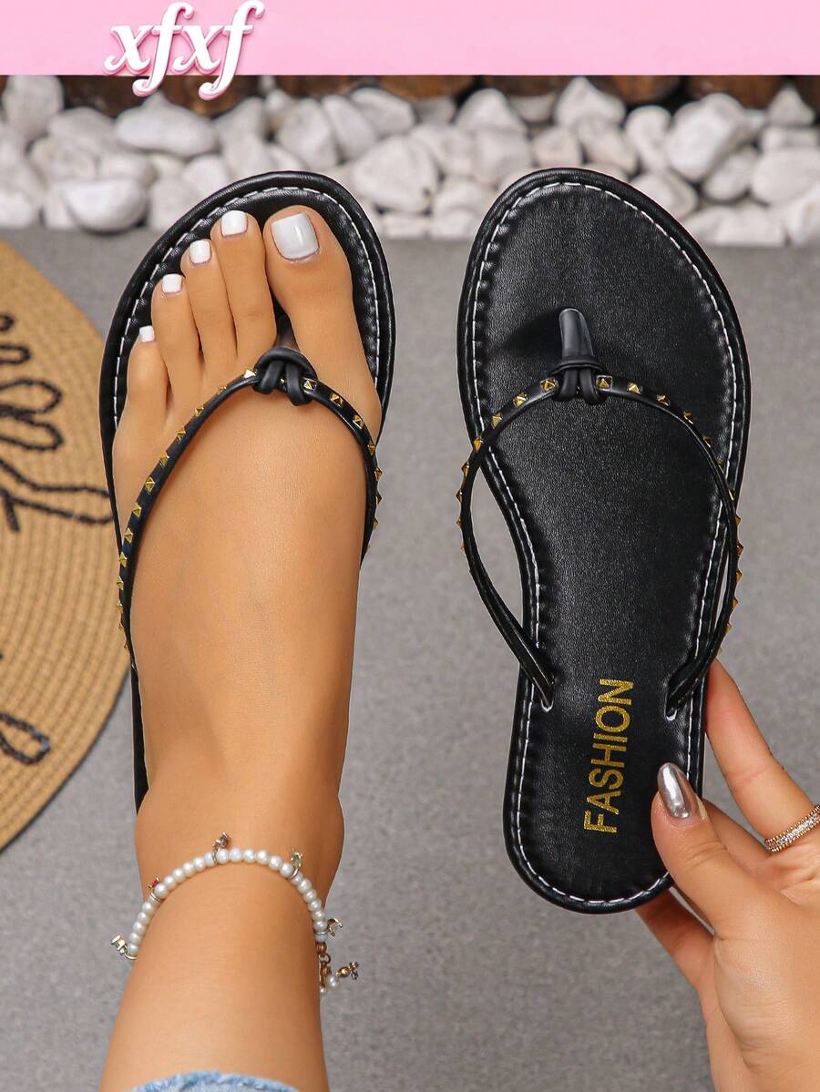 Women's Fashion Casual Rhinestone Flip Flops For Summer Beach Vacation - Black - View 1