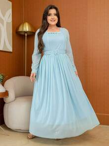 Long Tulle Dress, Plain Fabric, With Belt, For Weddings Or Holidays. - 藍池 - 查看 3