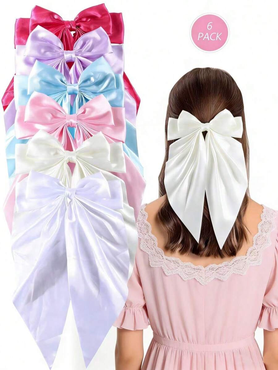 6pcs Girls' Fashionable Colorful Glitter Ribbon Large Bow Hair Clips, Hair Pins, Hair Accessories For Back-To-School Season, Parties, And Daily Use - Multicolor - View 1