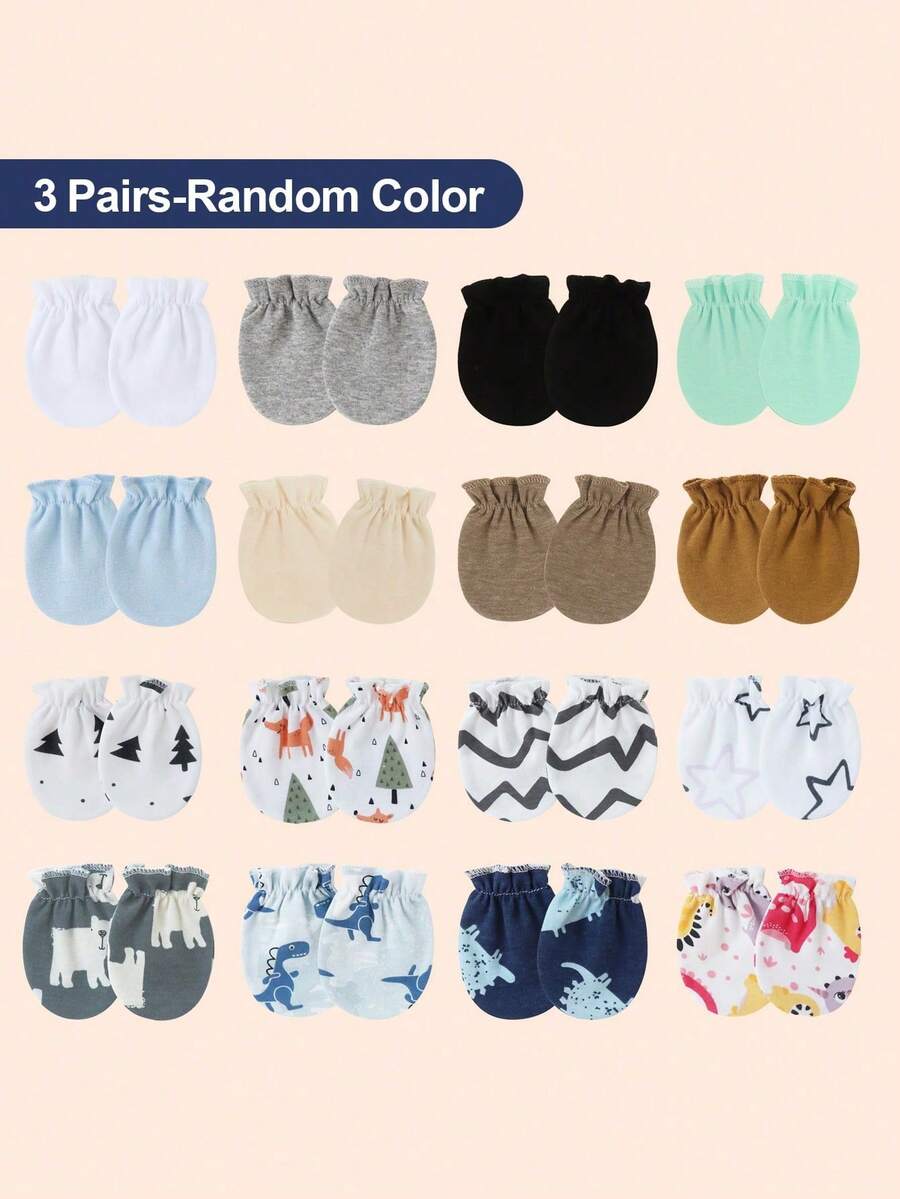 3Pairs Newborn Scratch Mittens (0-6 Months) -Soft Stay-On Baby Gloves, Cute Patterned Infant Hand Protection, No-Scratch Face & Sleep Mitts For Boys & Girls - 3pairs - View 1