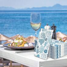 servilletas de papel para invitados de arrecife de coral, color blanco y azul, servilletas desechables de 3 capas, con temtica de playa, cena, toallas de mano para suministros de - Azul,Blanco - Ver 8