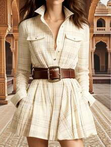 Women's Casual Checkered Long Sleeved Dress - 白色 - 查看 2