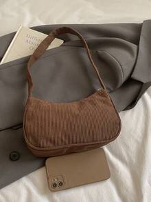 1pc Solid Color Corduroy Zipper Shoulder Bag, Perfect Accessory For Women's Autumn Outfits, Ideal For Valentine's Day - Mocha Brown - View 3