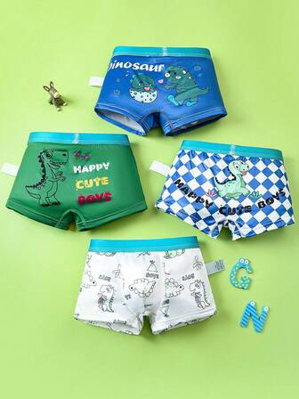 4st/set Young Boy Dinosaur-tryckta shorts/boxare, snygga och bekväma underkläder som passar alla årstider