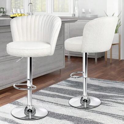 Dylan White Bar Stool Gas Lift 2Pcs Swivel Boucle Counter Dining Chairs Adjustable Kitchen Barstools In 62-82cm Seat Height Home Bar Dining Room Furniture