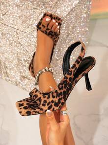 女士豹纹高跟凉鞋，2026夏季新款时尚绑带高跟鞋 - 咖啡棕 - 查看 1