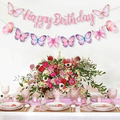 Juego de banderines colgantes de cumpleaños feliz con mariposas rosas, decoración de fondo para el 1er cumpleaños, banderines de papel con tema de mariposas para decoración de fiesta de cumpleaños, suministros de fiesta de bebé, regalo de pancarta