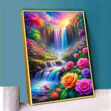 1pc Diamond Painting, Rainbow Waterfall Rose Garden, Suitable For Living Room Decor, Art Exhibition, Home Decoration Mosaic Artwork - Multicolor - View 4