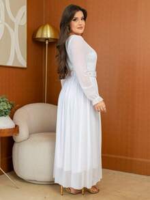 Long Tulle Dress, Plain Fabric, With Belt, For Weddings Or Holidays. - 白色 - 查看 3