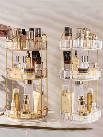 Rotating Makeup Storage Rack, 1pc Dressing Table Cosmetics Perfume Storage Box, Large Bathroom Cabinet Cosmetics Storage, Transparent Rotating Cosmetics Lipstick Rack, Christmas Decorations, Makeup, Perfume Storage Box (Green & Transparent & Champagne Color)