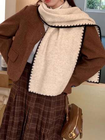 1 pieza Bufanda de punto beige para mujer, cuello calentador de cachemira gruesa y suave, estilo estudiantil de moda, adecuado para el invierno