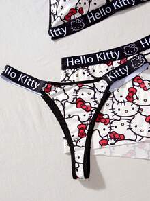 SANRIO 女士三件套Hello Kitty内衣套装，黑白配色，Kitty字母图案，运动时尚，活力性感内衣套装 - 黑與白 - 查看 5