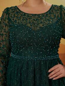 Anpokt Long-Sleeved High-End Evening Gowns With Round Collars, Embroidered Lace, Rhinestones And Bubble Beads - Green - View 1