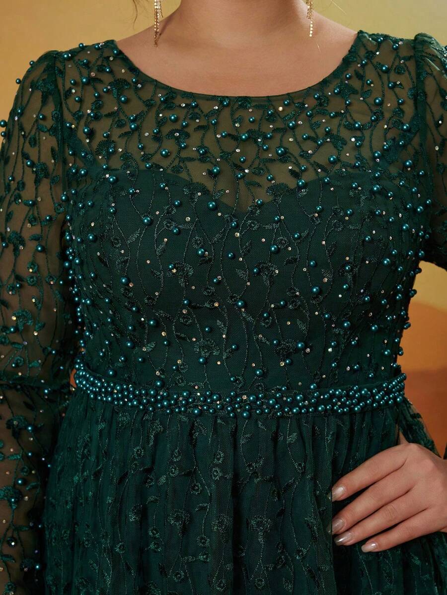 Anpokt Long-Sleeved High-End Evening Gowns With Round Collars, Embroidered Lace, Rhinestones And Bubble Beads - Green - View 1