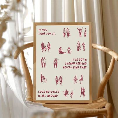 1pc/Set Modern Wall Art Picture Love Actually Is All Around Canvas Print Paintings| Minimalist Romantic Red Sketch Decor For Bedroom, Living Room, Or Office Home Decor,Small People Art Tiny Humans Walking Poster, Inspirational Gift For Her,No Frame