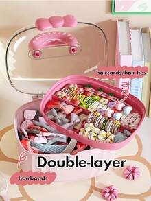 1 pieza Organizador de accesorios para el cabello - Estuche de almacenamiento grande de 2 capas transparente con divisores, portátil a prueba de polvo para sujetadores de cabello, diademas - Para mujeres y niñas en color rosa y morado de vuelta al colegio
