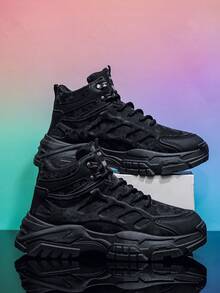 Black Sneakers, Men's Casual Sneakers, New Fashionable Sneakers, Comfortable, Versatile Thick-Soled Heightening Sneakers Mid Top Lace Up Men's Hiking Shoes - Black - View 2