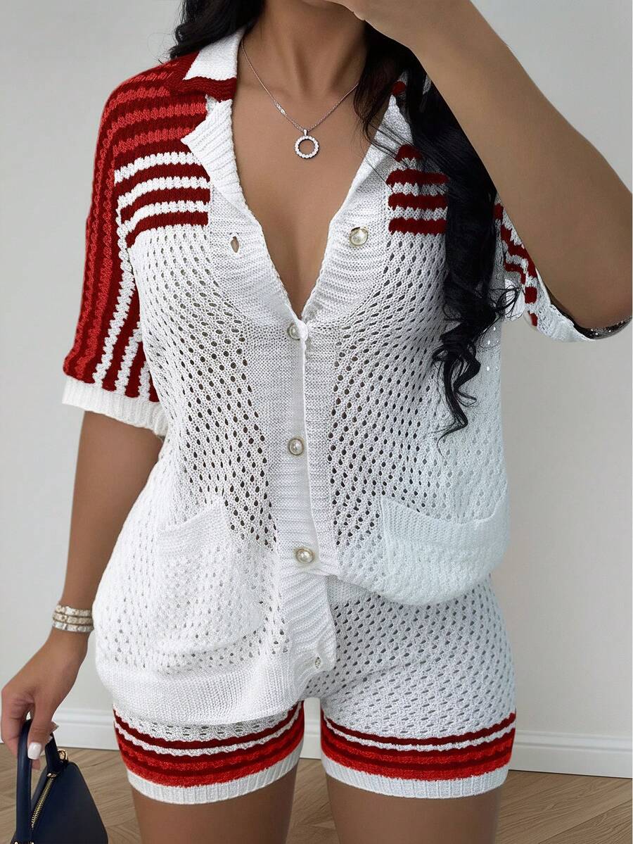 2pcs Striped Pattern Front Button Short Sleeve Shirt & Knit Shorts Set, Suitable For Valentine's Day, Music Festival, Beach Vacation Spring