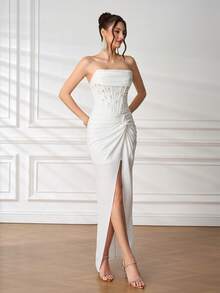 New Sexy Strapless White Pearl Bridal Gown, Formal Dress Suitable For Holiday Party, Wedding Guest, Prom, Birthday Party, Formal Dinner, Date, Homecoming, Family Gathering - White - View 6