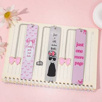 Cute Girl-Style Stainless Steel Metal Bookmark With Pink Bow And Cartoon Girl Design, Featuring Book Lover Quotes And Decorative Chain Pendants, An Ideal Gift For Female Readers, Students, And Bookworms