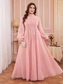 Plus Size Damklänning Enfärgad Elegant Pärlbroderad Frontpanel Långärmad Med Volangfåll Bröllop Rosa Vårfest - Rosa - Visa 2