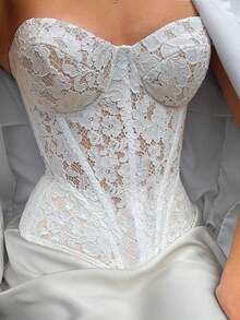 Áo croptop ren khoét rỗng dáng xương cá thanh lịch dành cho nữ, màu trắng, thích hợp cho đêm giao thừa. - trắng - Xem 11