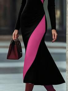 一件装女士优雅高领针织长袖连衣裙，撞色设计，百搭款式，适合办公室、日常穿着、新年派对、节日庆典等场合。 - 黑色 - 查看 5