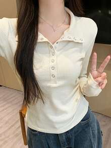 Áo thun dài tay dáng ôm có cổ dành cho nữ, áo lót mỏng nhẹ. - Màu be - Xem 1