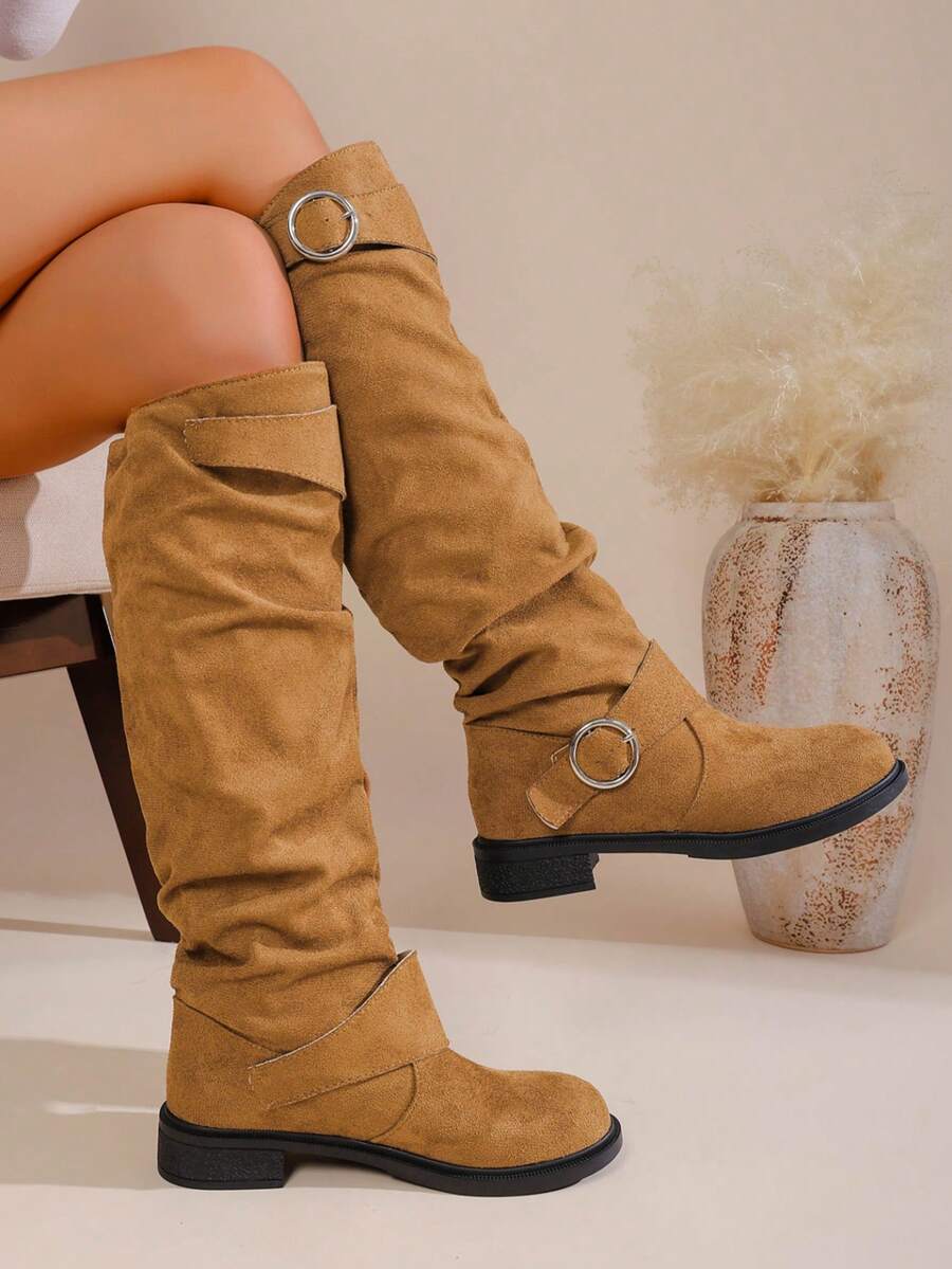 Sepatu Bot Fashion Baru dengan Ujung Lancip dan Lipatan Hak Tinggi, Hak Tebal, Ukuran Besar, Sepatu Bot Bergaya Inggris dengan Betis Tinggi untuk Musim Gugur - Coklat - View 1