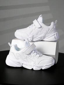 1 Pair Kids' Low-Top Casual Sneakers, Solid Color, Adjustable Hook And Loop, Easy On/Off, Suitable For Spring/Autumn - White - View 1