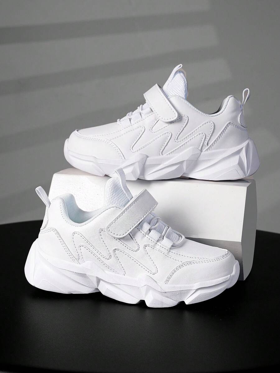 1 Pair Kids' Low-Top Casual Sneakers, Solid Color, Adjustable Hook And Loop, Easy On/Off, Suitable For Spring/Autumn - White - View 1