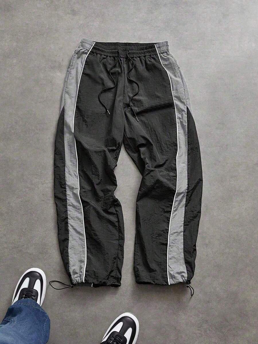 Men's Colorblock Patchwork Sweatpants, Drawstring Waist Loose Straight Leg Pants For Gym Workout Training Running Outdoor Casual Daily Wear, Spring Autumn Black - Black - View 1