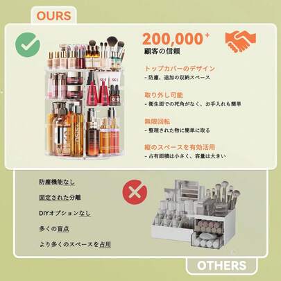 おしゃれなアクリル製メイクボックス、コスメ収納、9段階の高さ調整、360度回転、小物用、大容量、高さ調整可能、アクセサリーケース、仕切り付き