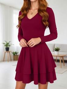 V-Neck Long Sleeve Waist Cinched Double-Layer Cake Dress, Women's Valentine's Day Outfit, Women's Vacation Dress - Burgundy - View 4
