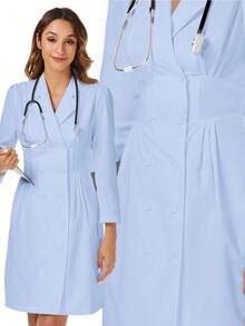 Solid Color Elegant Double-Breasted Front Dress, Fashionable And Graceful Uniform For Beauty Salons, Maternity Centers, Casual Outdoor Dress Spring - Medium Wash - View 8