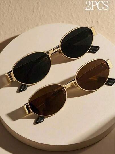 2 pares de gafas con montura de metal ovalada vintage, gafas decorativas de moda unisex para fotografía callejera, transporte público y uso diario